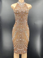 sleeveless shining crystal sparkly rhinestones sexy women sheath dress evening party club clothing dance stage costumes