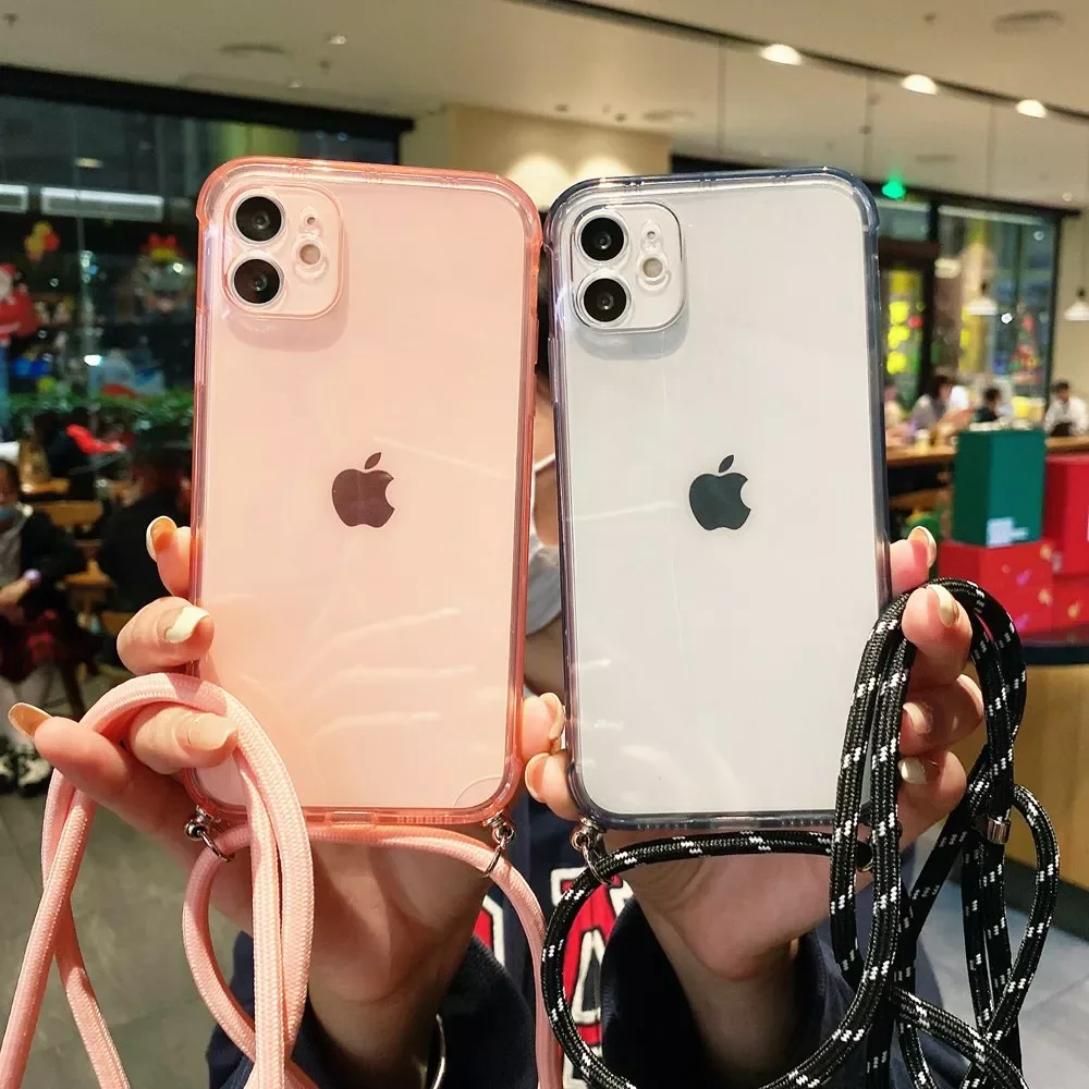 

New Fashion For iPhone 11 12 13 Pro Max XR XS X 7 8 Plus SE 12Mini Soft Cover Necklace Strap Lanyard Cord Transparent Phone Case