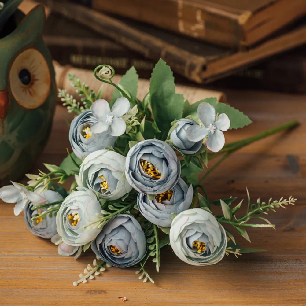 

10 Heads Vivid Small Peony Artificial Silk Tea Rose Plastic Fake Flower Bud Bouquet Flower DIY Garland Home Wedding Party Decor