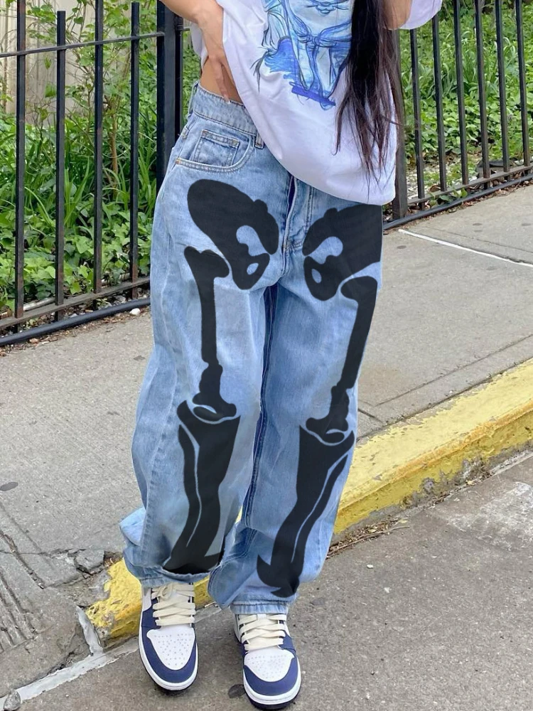 Skull Print Pants for Women High Waist Straight Leg Slouchy Jeans Cyber y2k Streetwear Trousers 2023 Summer Fashion images - 6