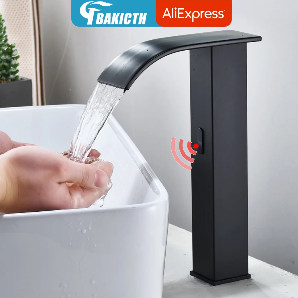 

Bakicth Black Sensor Basin Faucet Bathroom Automatic Sensor Watefall Faucet Touchless Free Touch Sink Tap Hot Cold Water Mixer