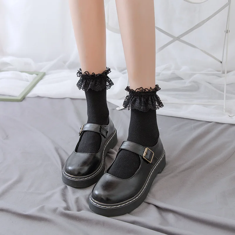 Women Socks Lace Lolita Jk Japanese Style White Black Solid kawaii Girl Cotton Cute Ankle Socks For Famale носки женские Kawaii