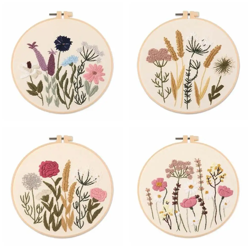 

4pcs DIY Embroidery Starter Kit with Plant Flower Pattern Bamboo Embroidery Hoop Color Threads Cross Stitch Kits For Beginners