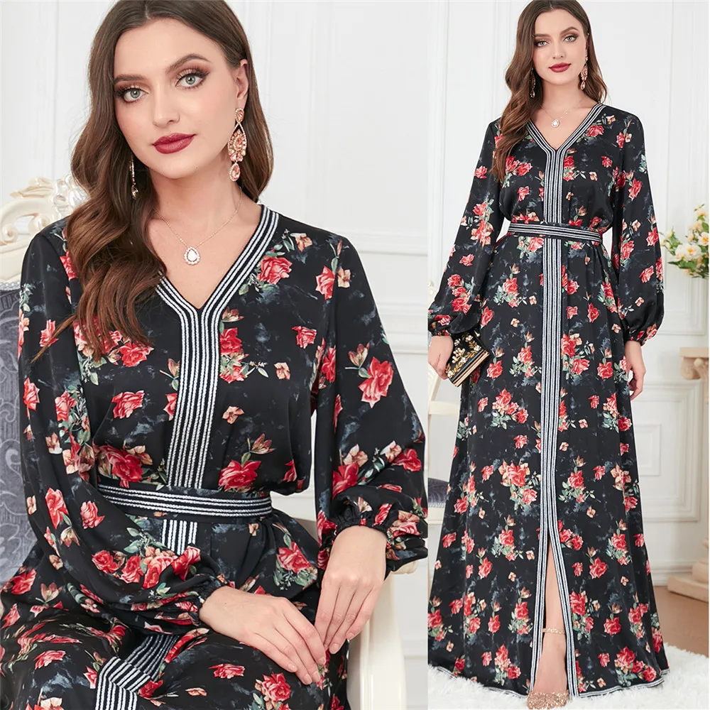 

Элегантное мусульманское платье для женщин, абайя с цветочным принтом и разрезом, Марокканское женское платье, кафтан, Турция, арабское длинное платье, платья, Дубай, Макси-платья