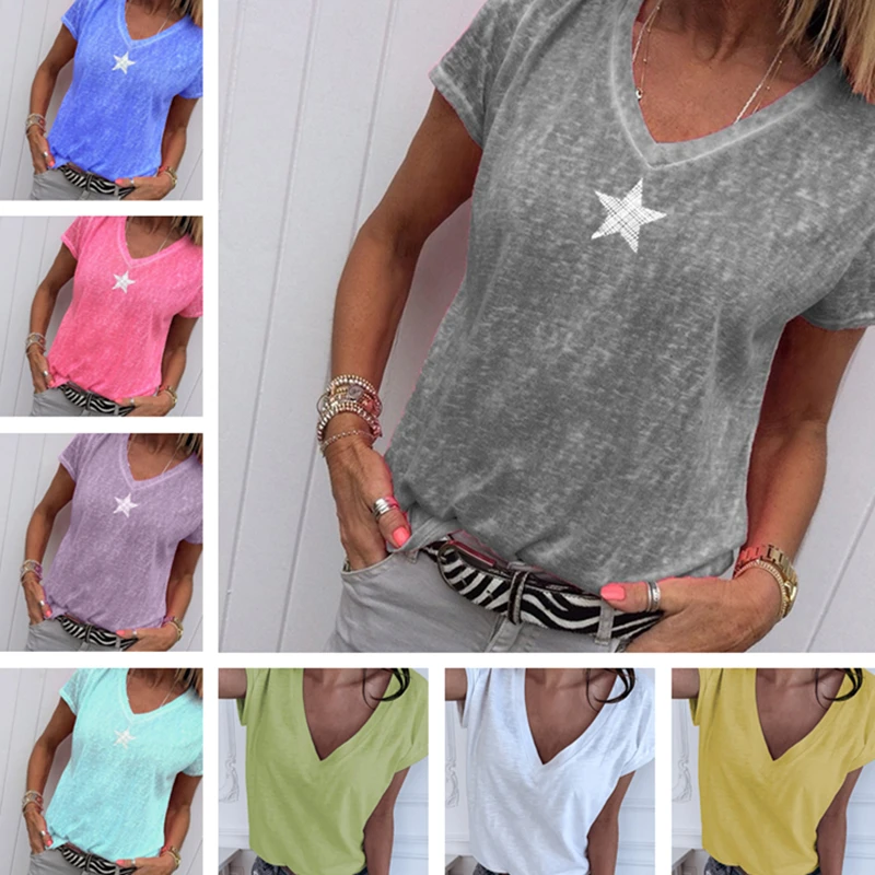 

Women Short Sleeve Female 2022 Summer V Neck Tops Casual T Shirts Basic Tops Pentagram Bamboo Fiber Women's Tees