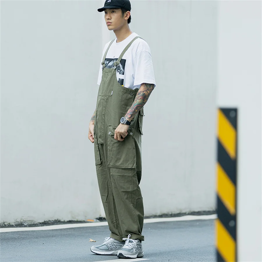 2024 New Men's Cargo Pants Casual Streetwear Solid Color Loose Overalls Multi-Pocket Jumpsuit Men Suspenders Baggy Work Wear