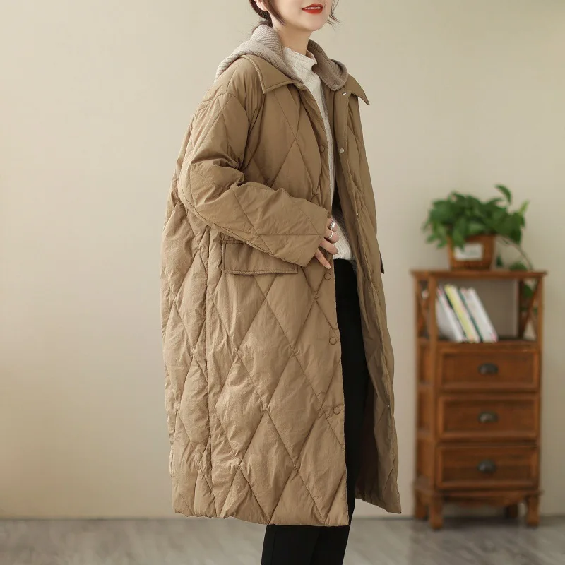 Detachable hooded lapel cotton jacket women's mid-long winter 2022 diamond lattice mid-long cotton jacket