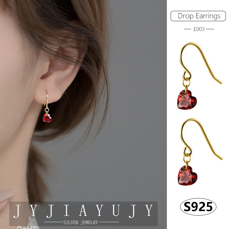 JYJIAYUJY 100% Sterling Silver S925 Drop Hook Earrings Gold Color Red Heart Shape Fashion Hypoallergenic Women Jewelry Gift E003