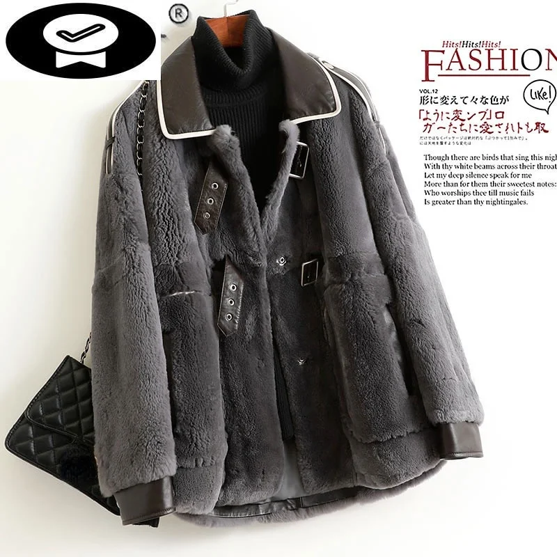 

Rex Casual Rabbit Real Fur Coat Female Winter 2023 Short Sheepskin Leahter Collar Jackets Women Jaqueta Feminina Gxy716