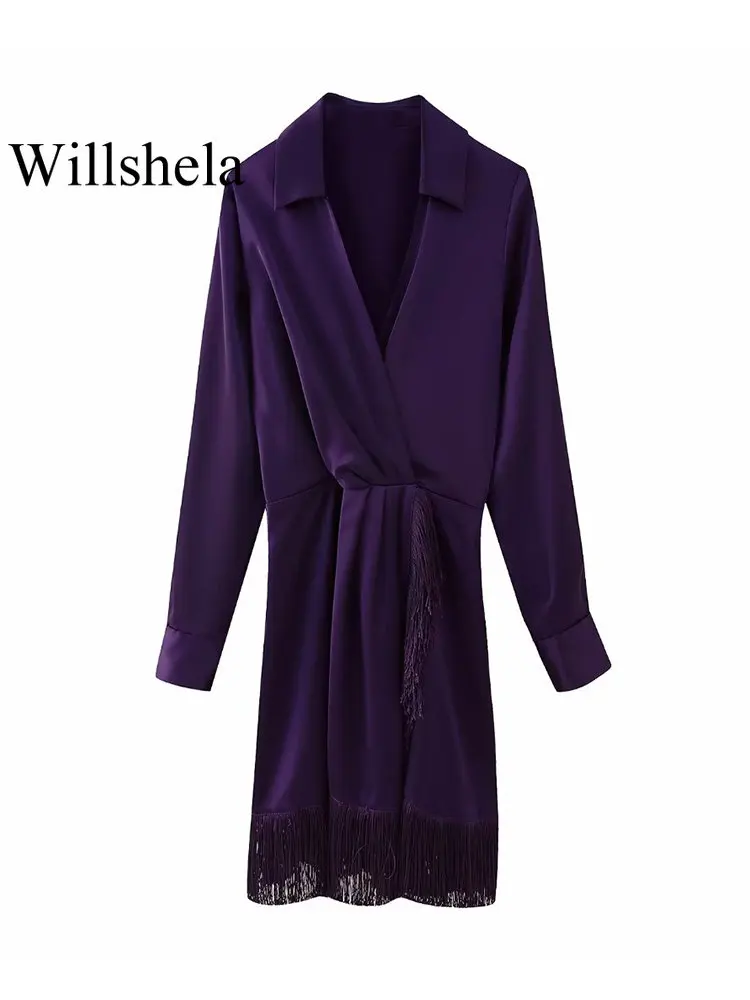

Willshela женское модное атласное однотонное мини-платье с бахромой и эластичным поясом, винтажное женское платье с v-образным вырезом и длинным...