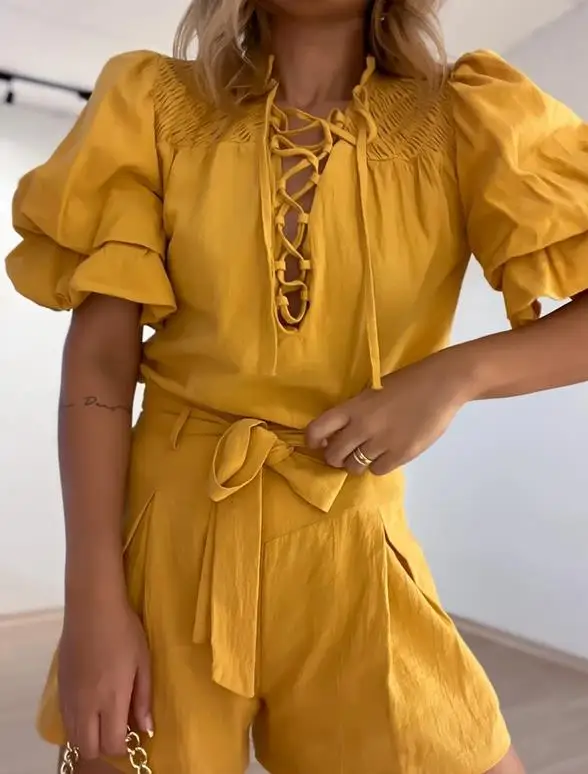 

Elegant Women's 2 Pieces 2023 Summer Casual Stacked Sleeve Short Sleeve Shirt & Fashion High Waist Lace Up Straight Shorts Set