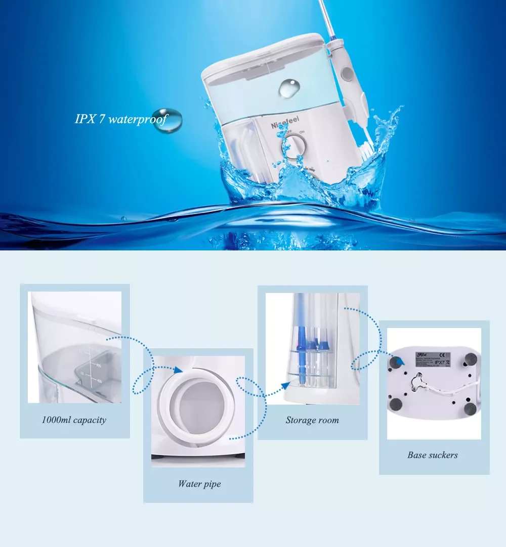 Nicefeel Electric Oral Irrigator Teeth Cleaner 1000ml Family Care Dental Flosser SPA Water Flosser Toothbrush + 7 Pcs Jet Tips enlarge