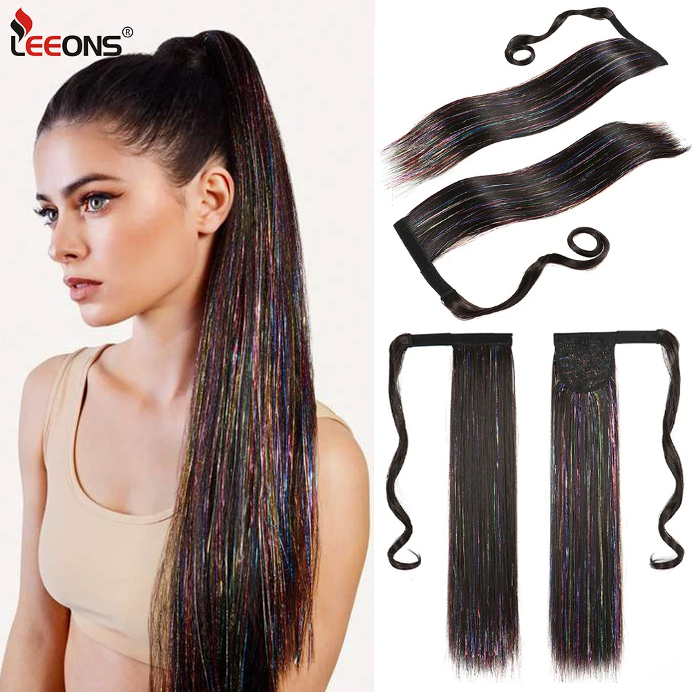 

Ponytail Extensions with Tinsel 22 Inch Wrap Around Ponytail Extension Hair Pieces for Women Straight Clip in Ponytail Extension