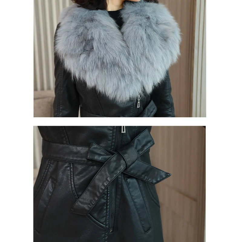 Black Winter Coats Big Collar Long Slim PU Leather Jacket Women 2022 New Plush Thick Warm Korean Fashion Tops Famale Clothing