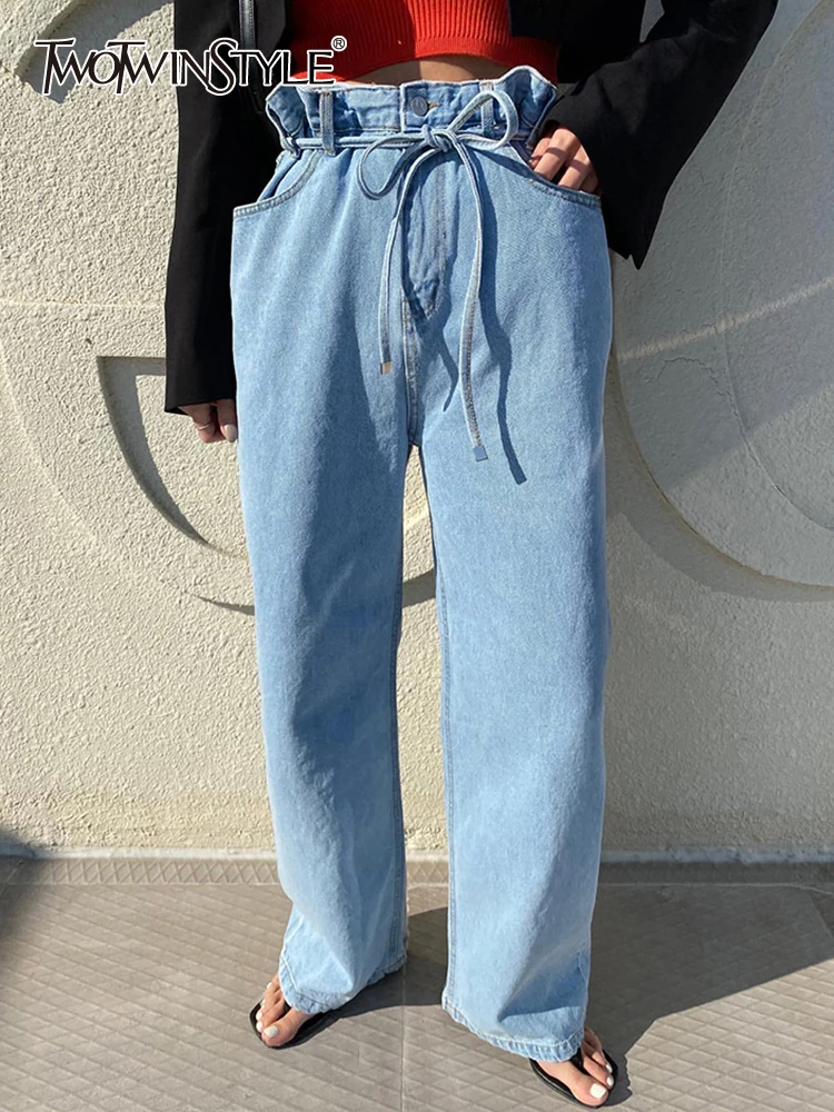 

TWOTWINSTYLE джинсовые прямые брюки для женщин с высокой талией на завязках однотонные минималистичные Брюки Женская Осенняя модная одежда Нови...