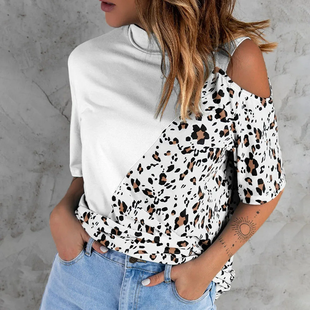 

Women Fashion Short Sleeve Tops 2022 Summer Casual Loose O-Neck Hollow Out T-Shirt Women's Leopard Patchwork Top Female Clothing