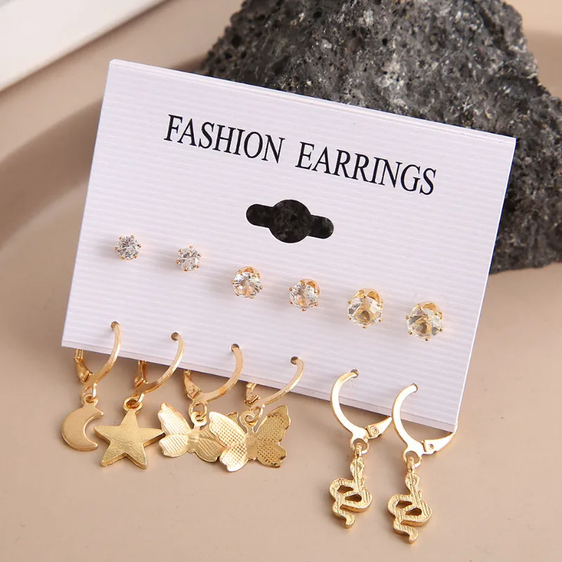 

Trend Butterfly Earrings Female Fashion 6 Pairs/set Star Moon Snake Shape Korean Jewelry Earrings