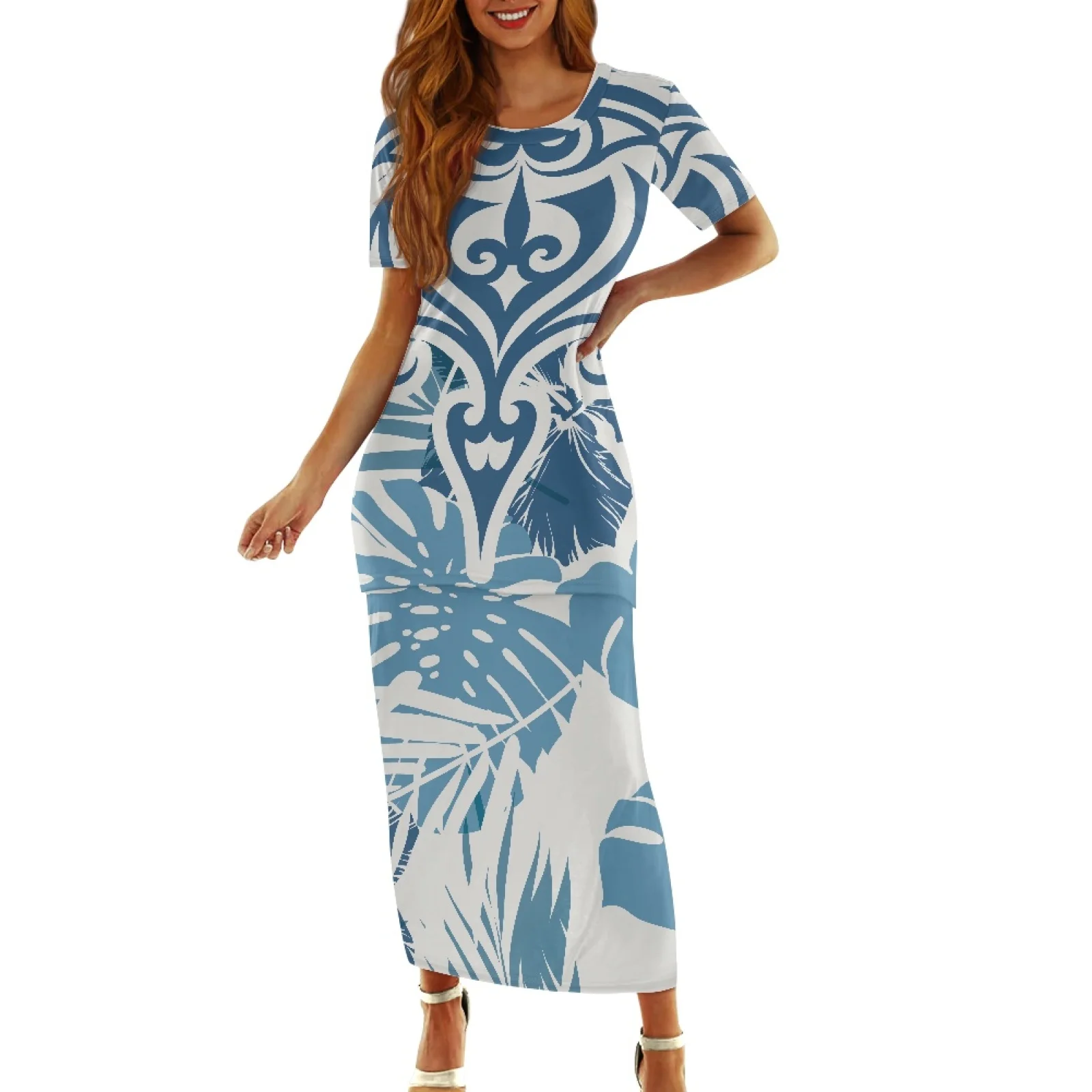 

Polynesian Tribal Tongan Totem Tattoo Tonga Prints Casual Short Sleeve Campus Party Dress Blue White Stripe Print Two Pieces Set