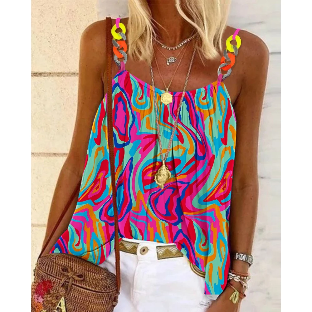 

2023 Summer Women Abstract Print Chain Flowy Cami Top Fashion Femme Spaghetti Strap Daily Vacation Outfits Robe Clothing