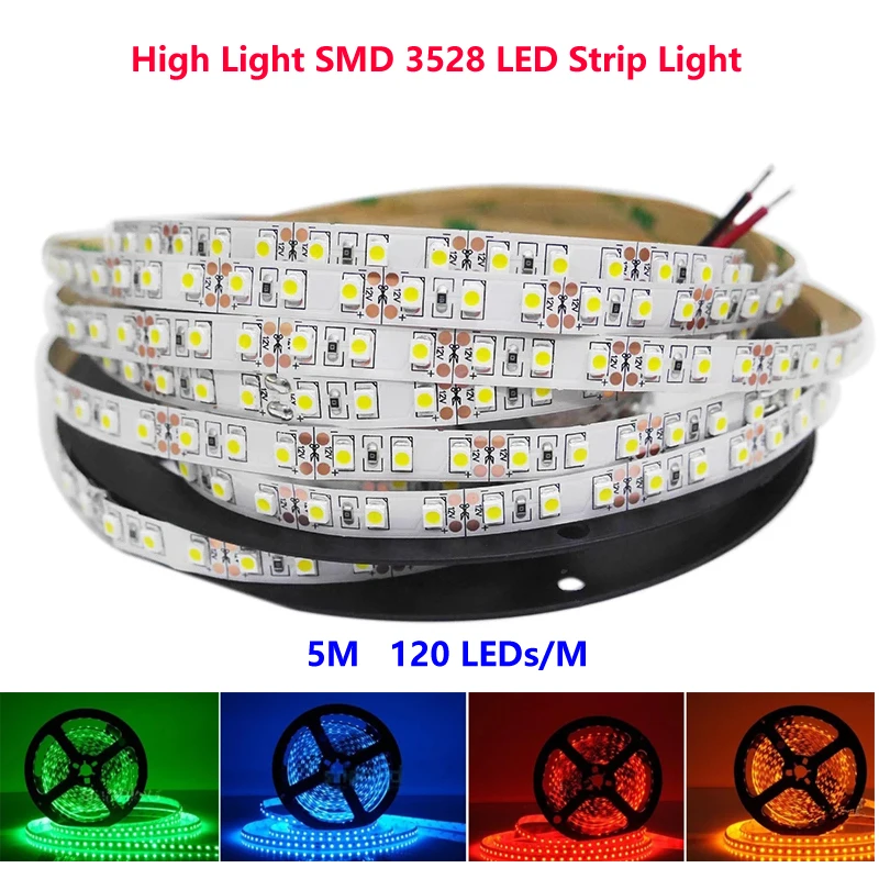 DC 12 24V High Light 5m SMD 3528 LED Strip 120 LEDs/M White/Warm White/Natural White/Red/Green/Blue/Yellow Flexible Lamp Tape