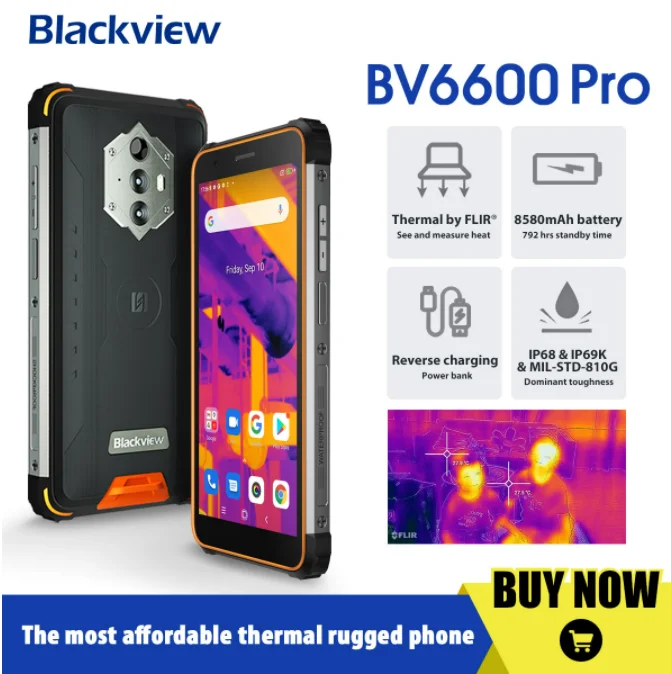 Blackview BV6600 Pro IP68 Rugged Mobile Phone Thermal Imaging Camera FLIR® Android 11 4GB+64GB 8580mAh NFC 4G Smartphone