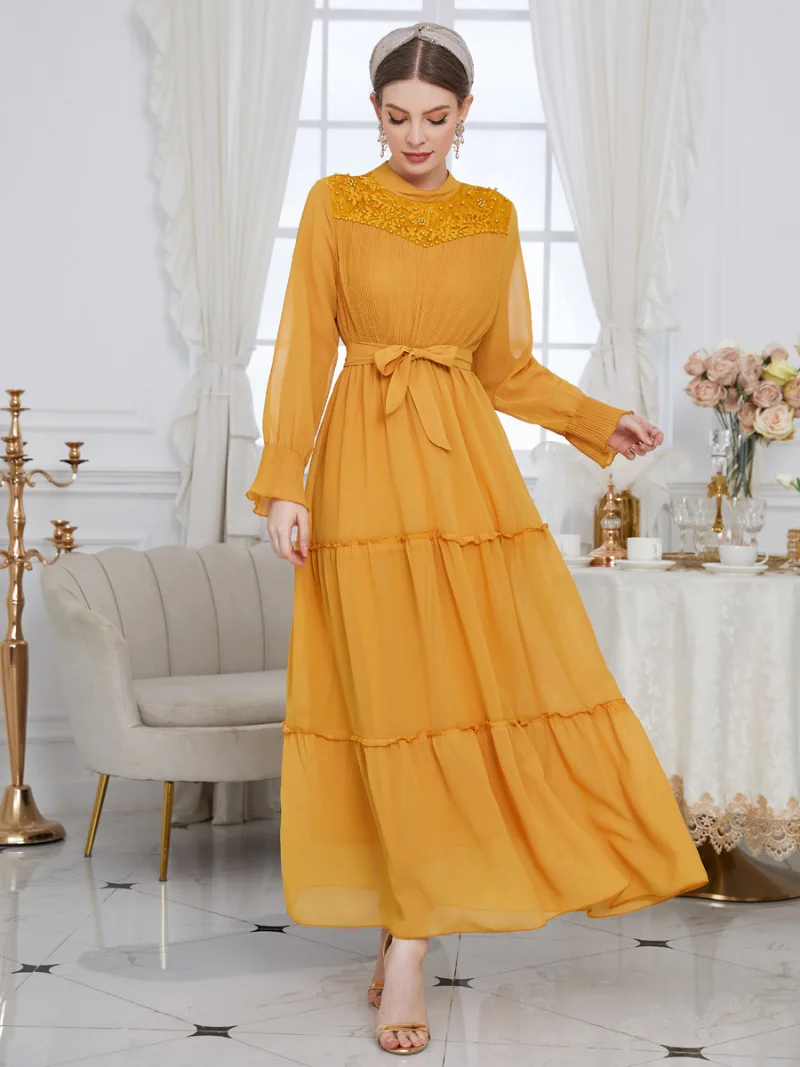 Turkish Women's Dress Chiffon Beaded Lace Patchwork Belted Kaftan Pure Yellow Flared Sleeves Princess Dress Ramadan Abaya