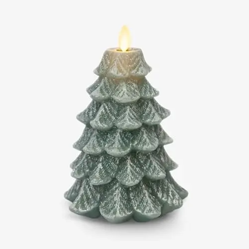 

Tree Flameless Candle Glitter and Snow Finish (4.7" x 6.5") Moving Flame Effect LED Candle, Timer, Remote Ready, Holiday Sparkle
