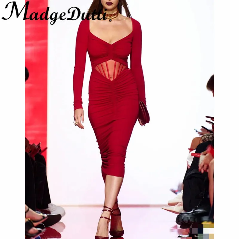 

12.12 MadgeDutti Runway Temperament Fishbone Spliced Ruched Collect Waist Mesh Red Dress Women