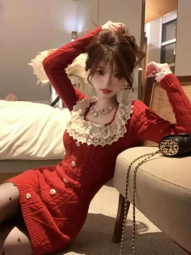 Korejepo Новый год Рождество Pure Desire платье с квадратным вырезом свитер женский осень