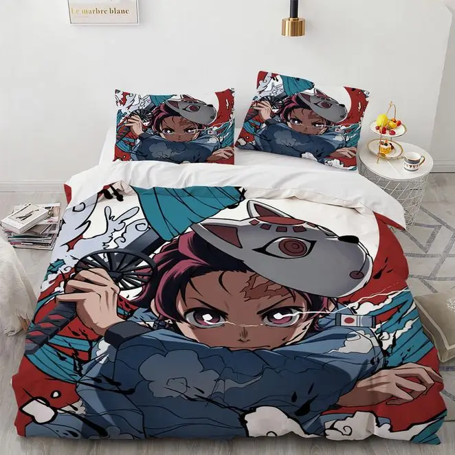 Demon Slayer Bedding Set Cartoon Anime Kamado Tanjirou Nezuko Rengoku Giyuu Duvet Cover Pillowcases Kids Comforter Bedroom Decor
