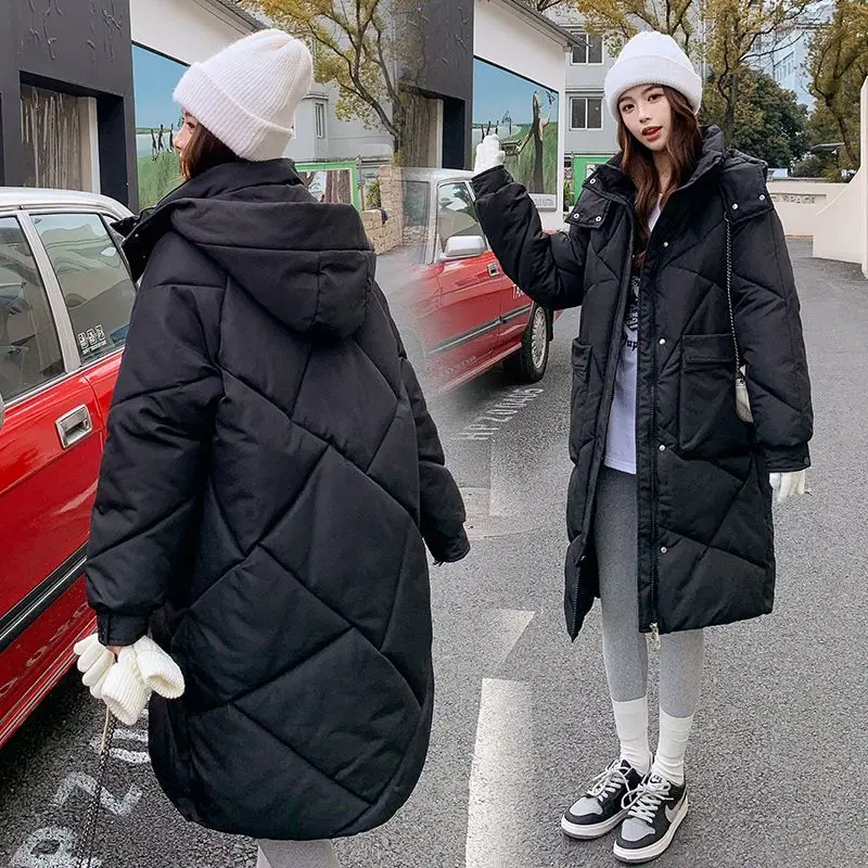 2023 Korean Jacket Women Winter X-long Parkas Solid Hooded Thicken Warm Female Snow Wear Coat Padded Loose Clothes Tops S81