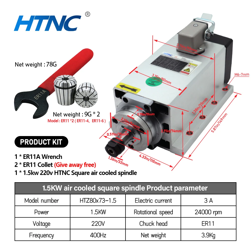 

Шпиндельный двигатель HTZ80X73-1.5 220V 24000 об/мин ER11