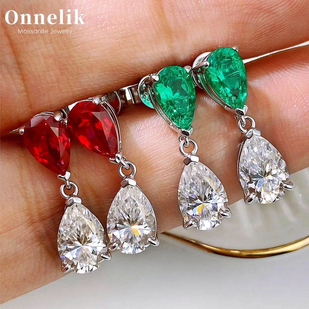 Фото Серьги Onnelik Waterdrop с муассанитом и выращенными в лаборатории изумрудами/рубинами Колумбии, серебро S925, для женщин, свадебные украшения №1