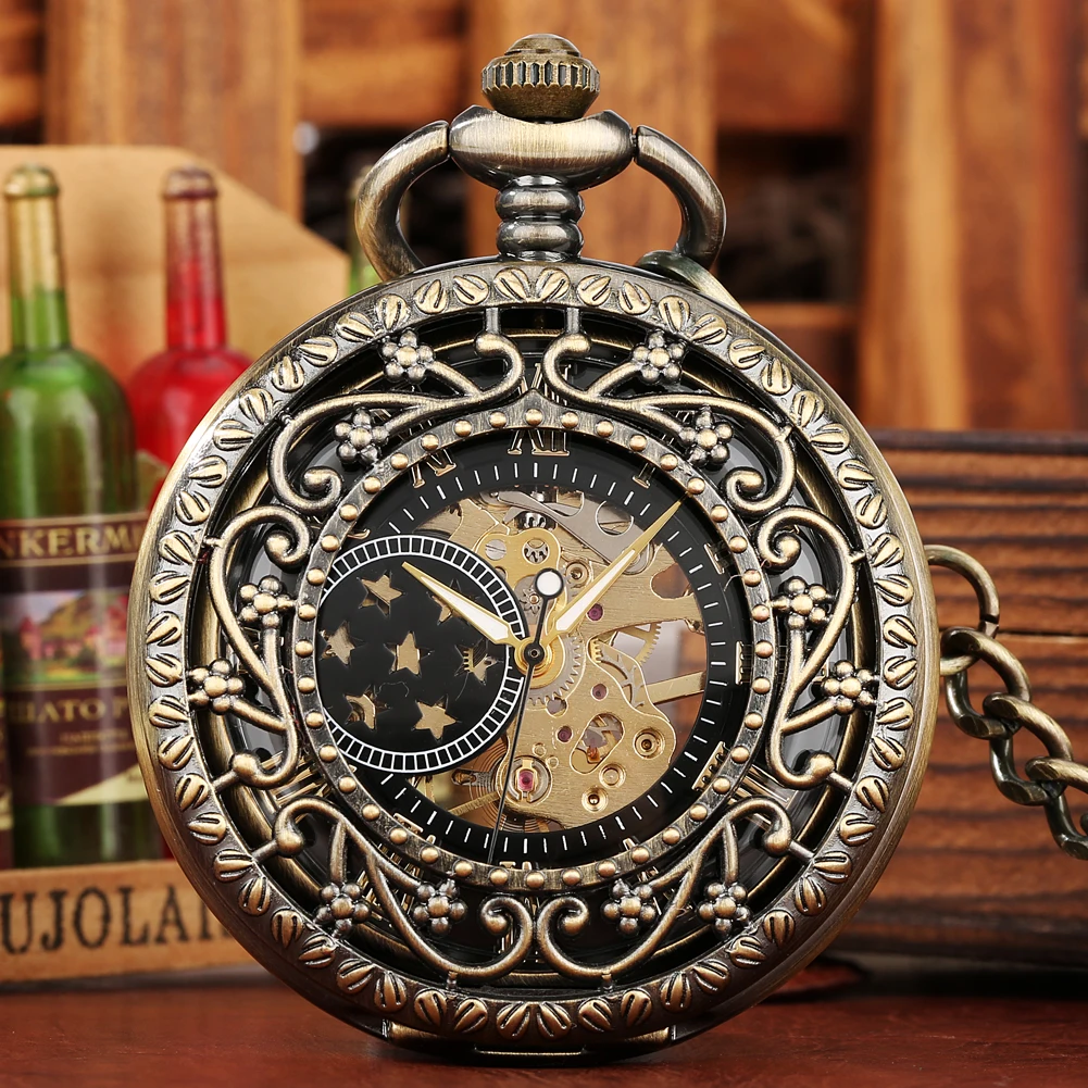 

Hollow Flower Mechanical Pocket Watch Pendant Classical Roman Numeral Dial Bronze Pocket Clock Hand-Winding Timepiece Men Women