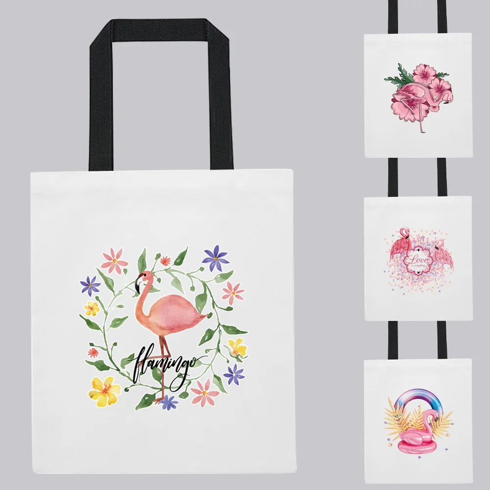 

Women Shopping Bags Summer New Geometry flamingo Pattern Series High Capacity Shoulder Bag Harajuku Style White Canvas Tote Bag