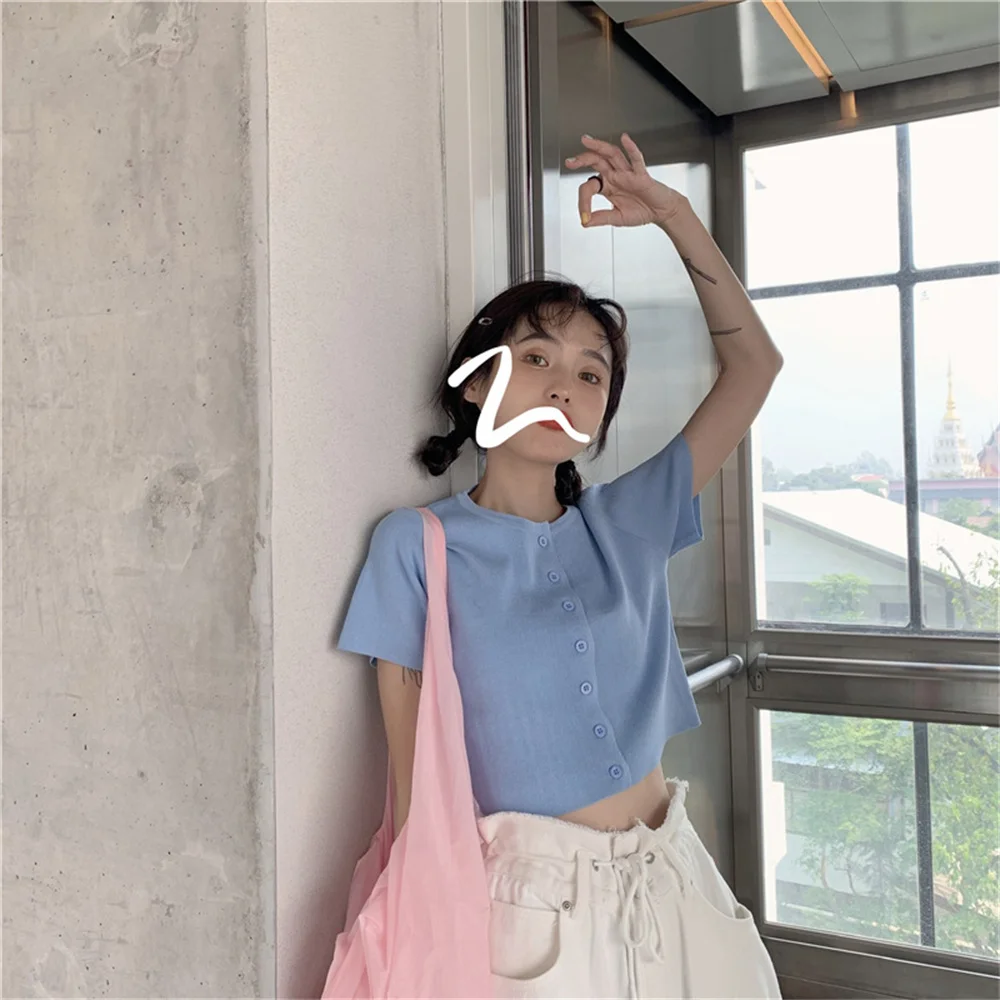 

Wholesale 2023 summer internet celebrity careful machine top short crop top cardigan slim slim knit short sleeve T-shirt women