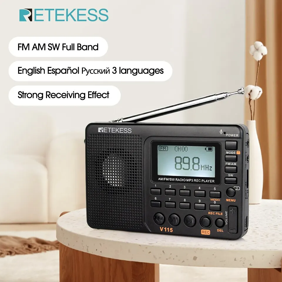 RETEKESS V115 Radio FM AM SW Portable Radios AM FM Rechargeable Shortwave Radio Batteries Full Wave USB Recorder Speaker