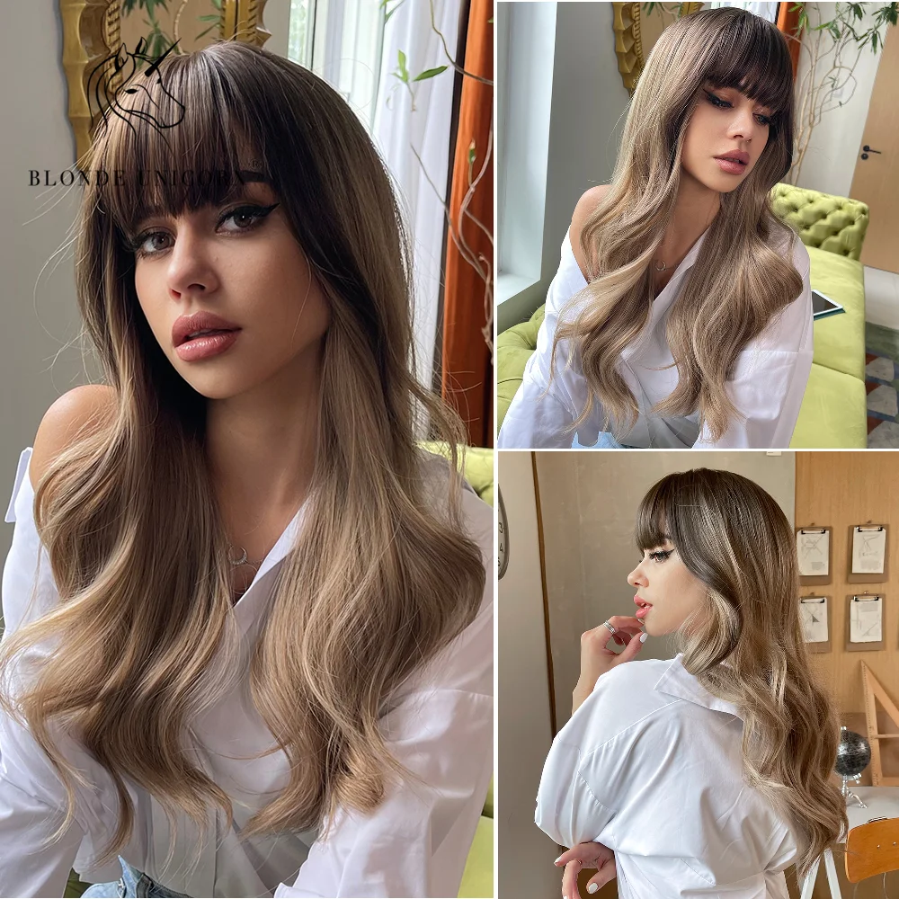 

Blonde Unicorn Synthetic Long Wavy Wig Ombre Brown For Black White Women Daily Party Wigs Heat Resistant Fiber Bangs Hair