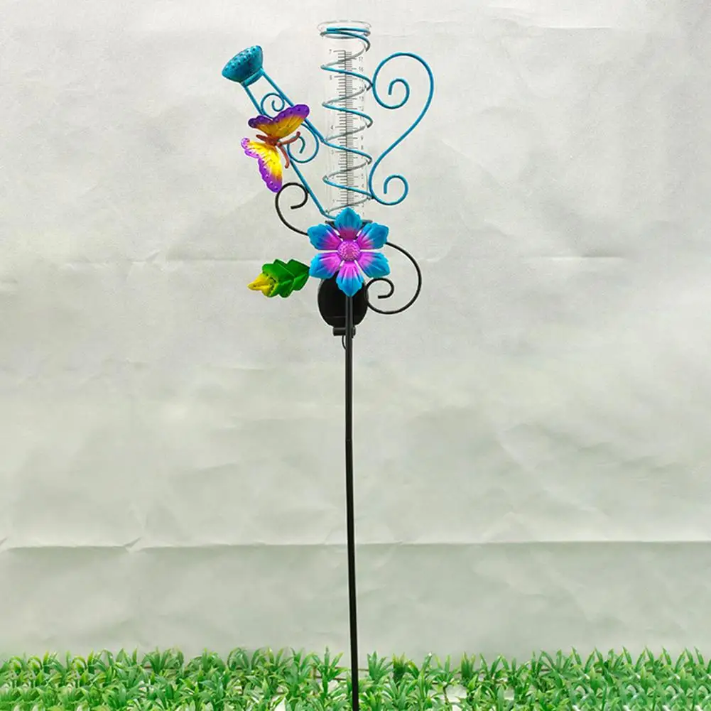 

LED Light Butterflies Rain Measuring Gauge Metal Solar Powered Measuring Tube Garden Stake Garden Decor