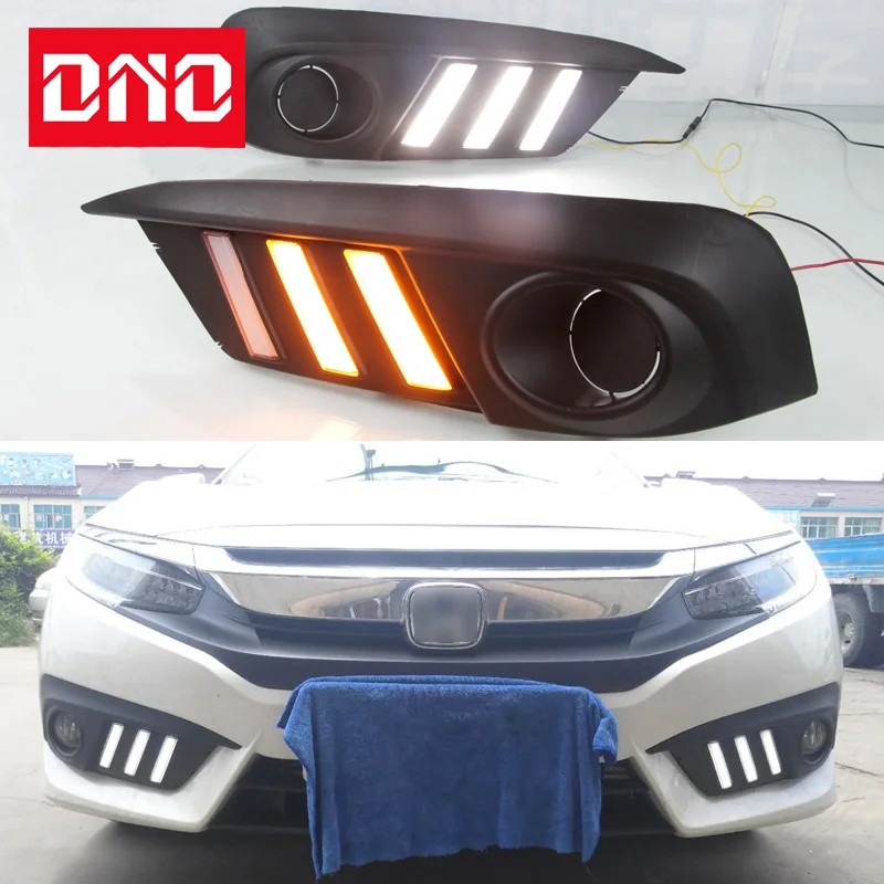

DNO 12V LED DRL Daylights For Honda Civic Sedan 2016 2017 2018 Dynamic Yellow Turn Signal Daytime Running Lamps Car Foglamp