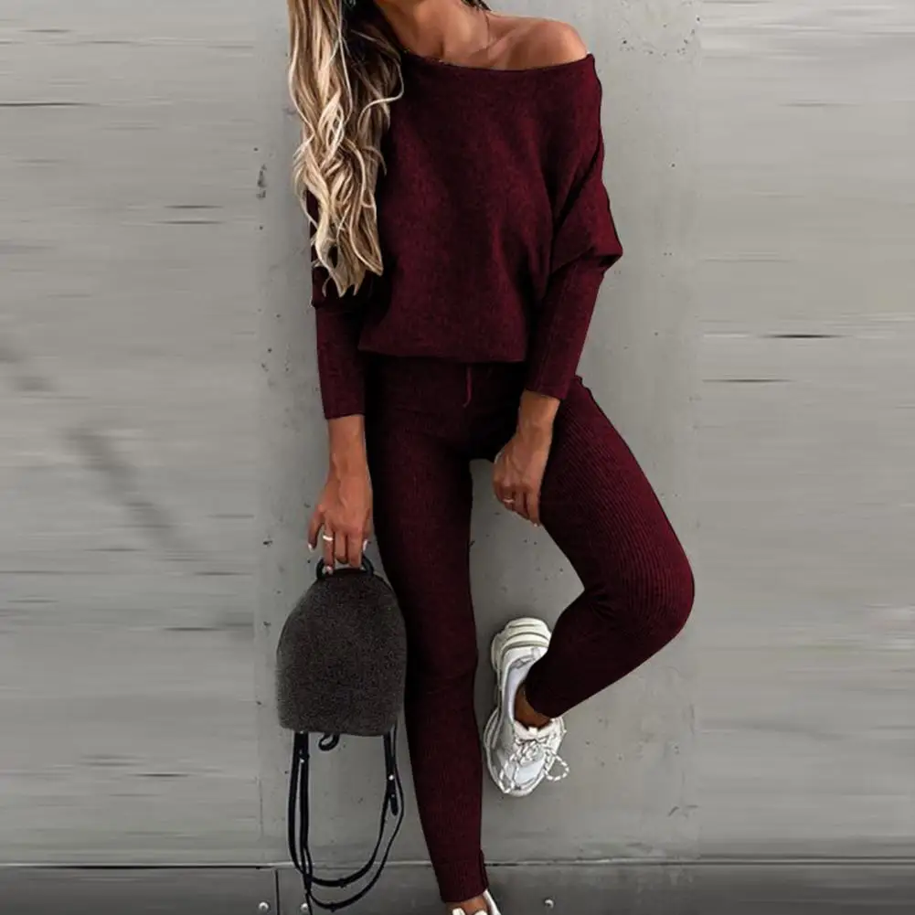 

2 Pcs/Set Trendy Tracksuit Set Solid Color Drawstring Lady Blouse Pants Set Anti-shrink Autumn Top Pants Suit