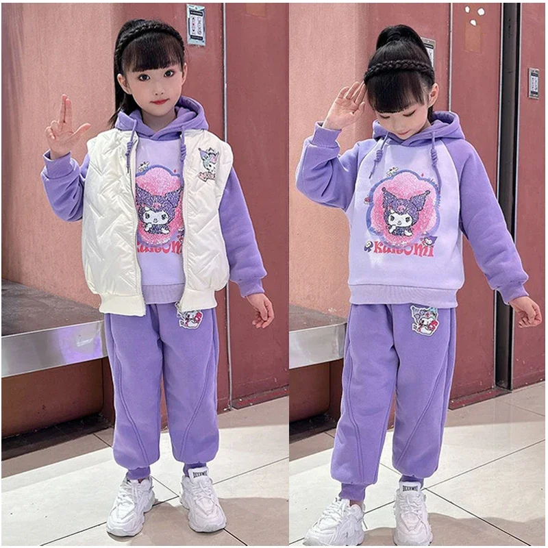 

Детский свитер с капюшоном Sanrios, Толстый Пуловер с аниме-рисунком, спортивные штаны для девочек, хлопковый жилет, Осень-зима