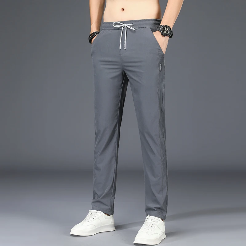 

High Quality Casual Pants Men Elastic Waist Solid Sweatpants Ice Silk Trousers Quick-Drying Sports Pants Pantalones Para Hombres