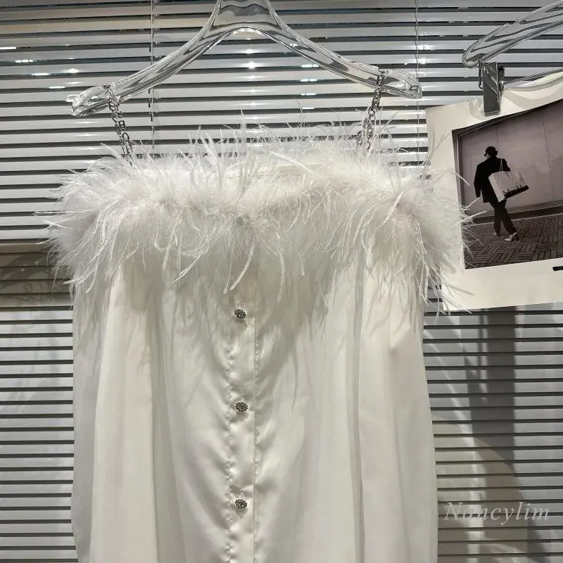 

2023 Spring Summer Classic Style Sexy Feather Furry Off-Shoulder Metal Shoulder Strap Long Shirt Women Buttons Tops White Blouse