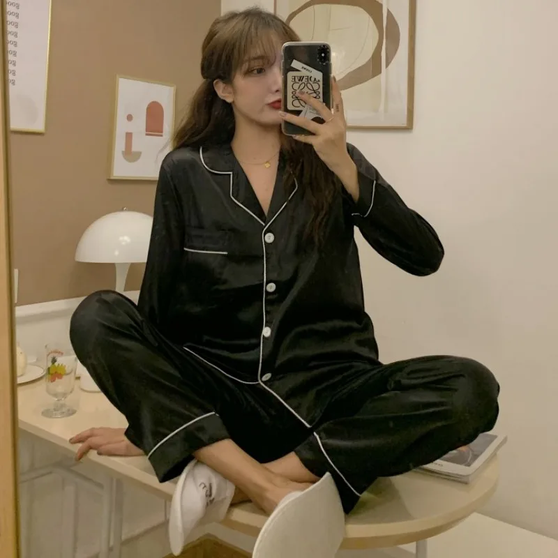 Пижамные комплекты женская шелковая одежда для сна с длинным рукавом модная
