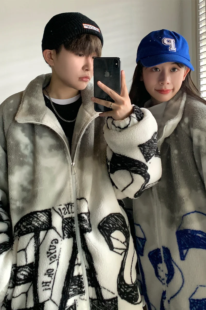 EOENKKY/Lamb Wool Coat Men's Tie Dye Unisex Soft Thicken Warm Male Jackets Fashion 2022 Winter New Brand Large Size Parkas Men