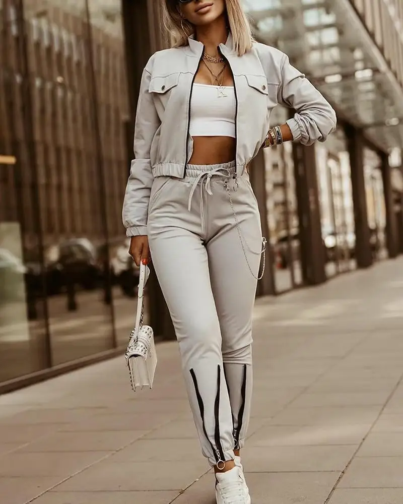 

Women's 2-piece Casual Sportswear Zipper And Pants Top Set Fashionable Women's Jacket, Street Clothing, Autumn Clothes For Women