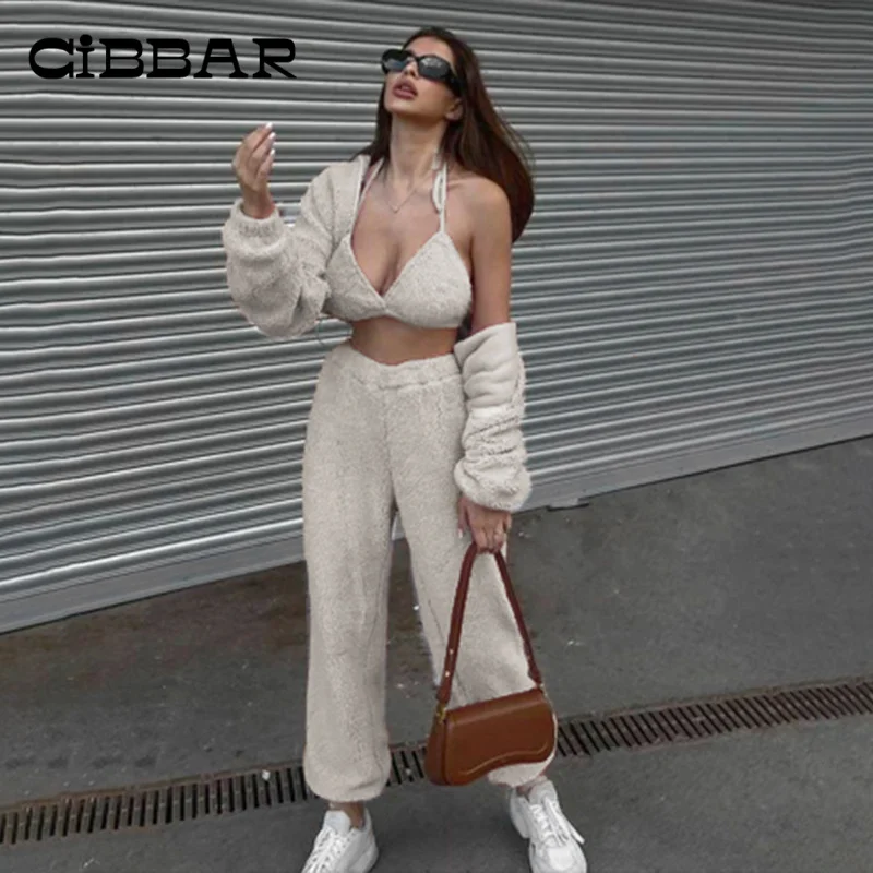 

CIBBAR Winter New Lamb Furry Warmth Pants Casual High Waisted Basic Solid Baggy Sweatpants Street Style Elastic Female Bottoms