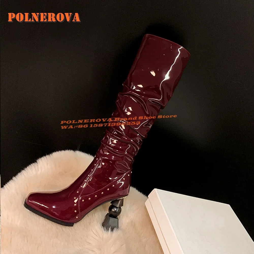 Бордовые модные ботинки в странном стиле со стразами женские с квадратным носком