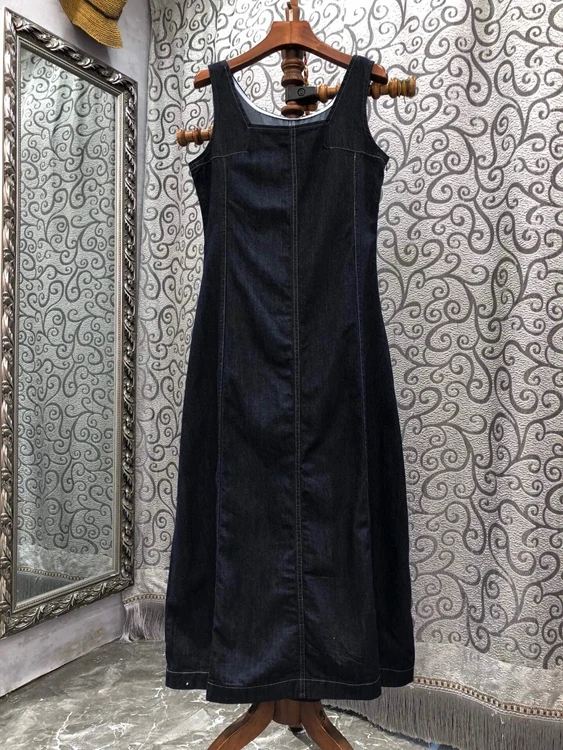 

2022 new women fashion sleeveless square neck vest skirt slim fit denim long skirt casual dress 718